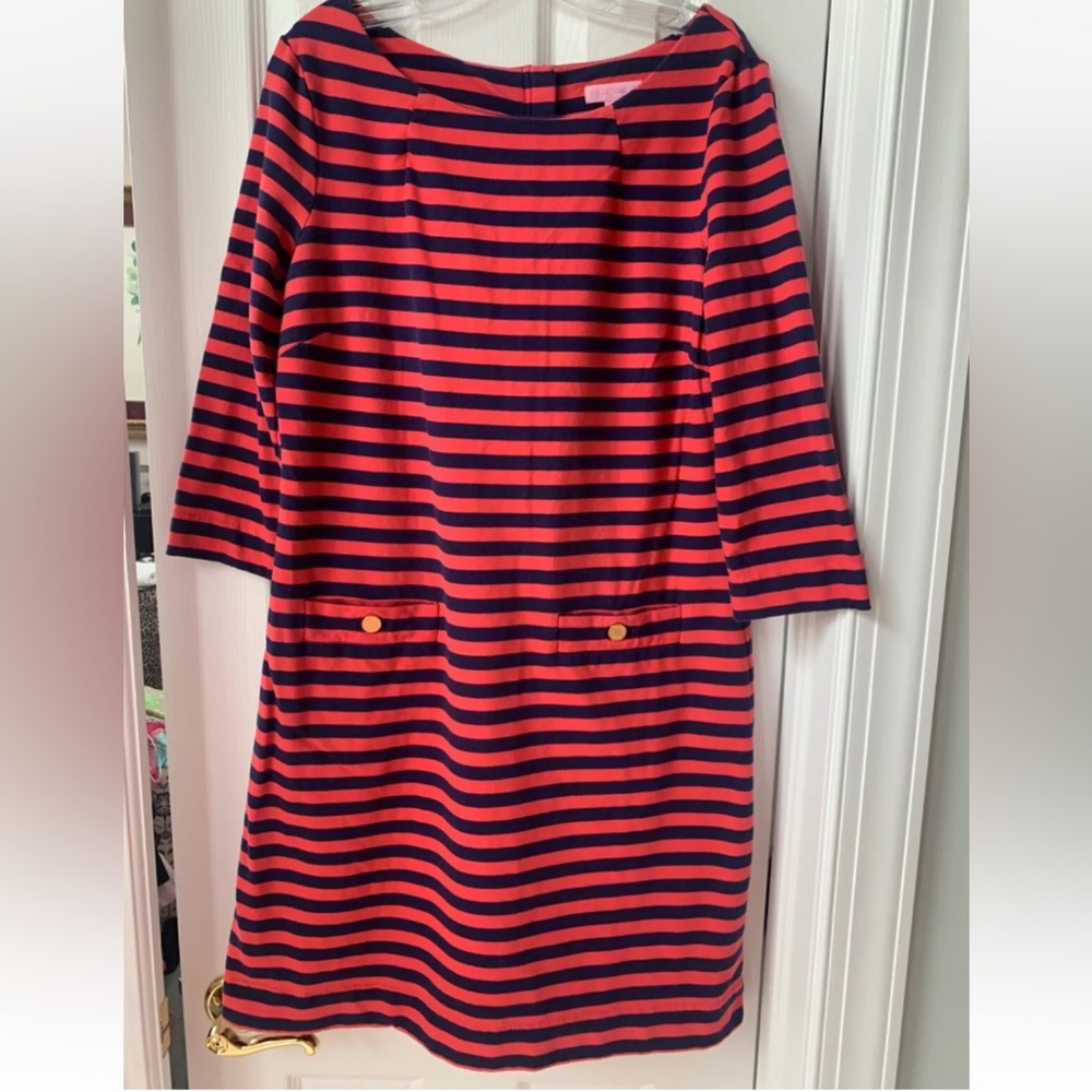 Lilly Pulitzer Women's Size Large Charlene Dress Shift Stripe Pockets Navy Coral